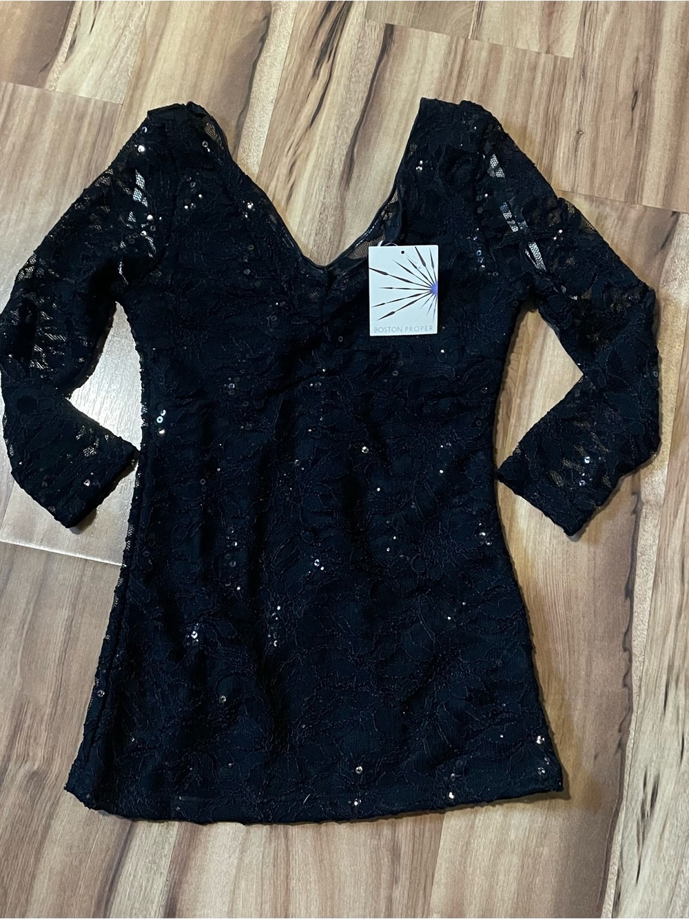 NWT Boston Proper Double V Lace Top 3/4 Sl Black Y2k Sequins Fairy Grunge XXS